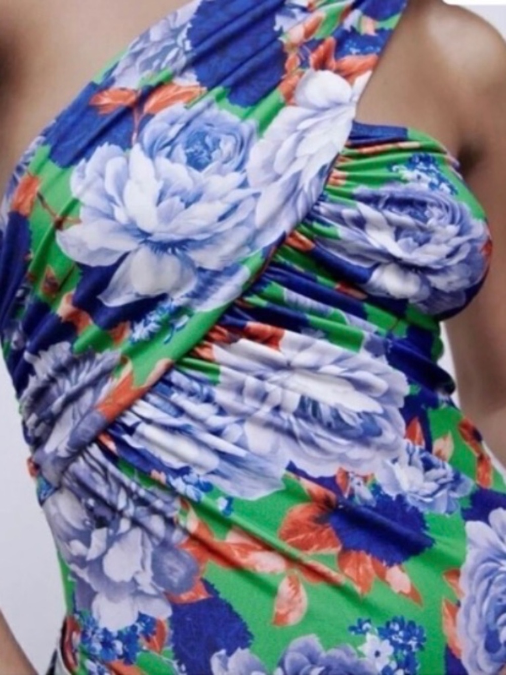 NWT ZARA Royal Blue Floral One-Shoulder Bodysuit with Green and White Print M